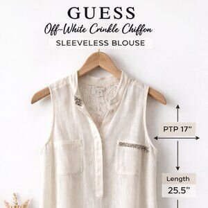 GUESS Off-White Crinkle Chiffon Sleeveless Blouse Small Lace Rhinestone Pockets
